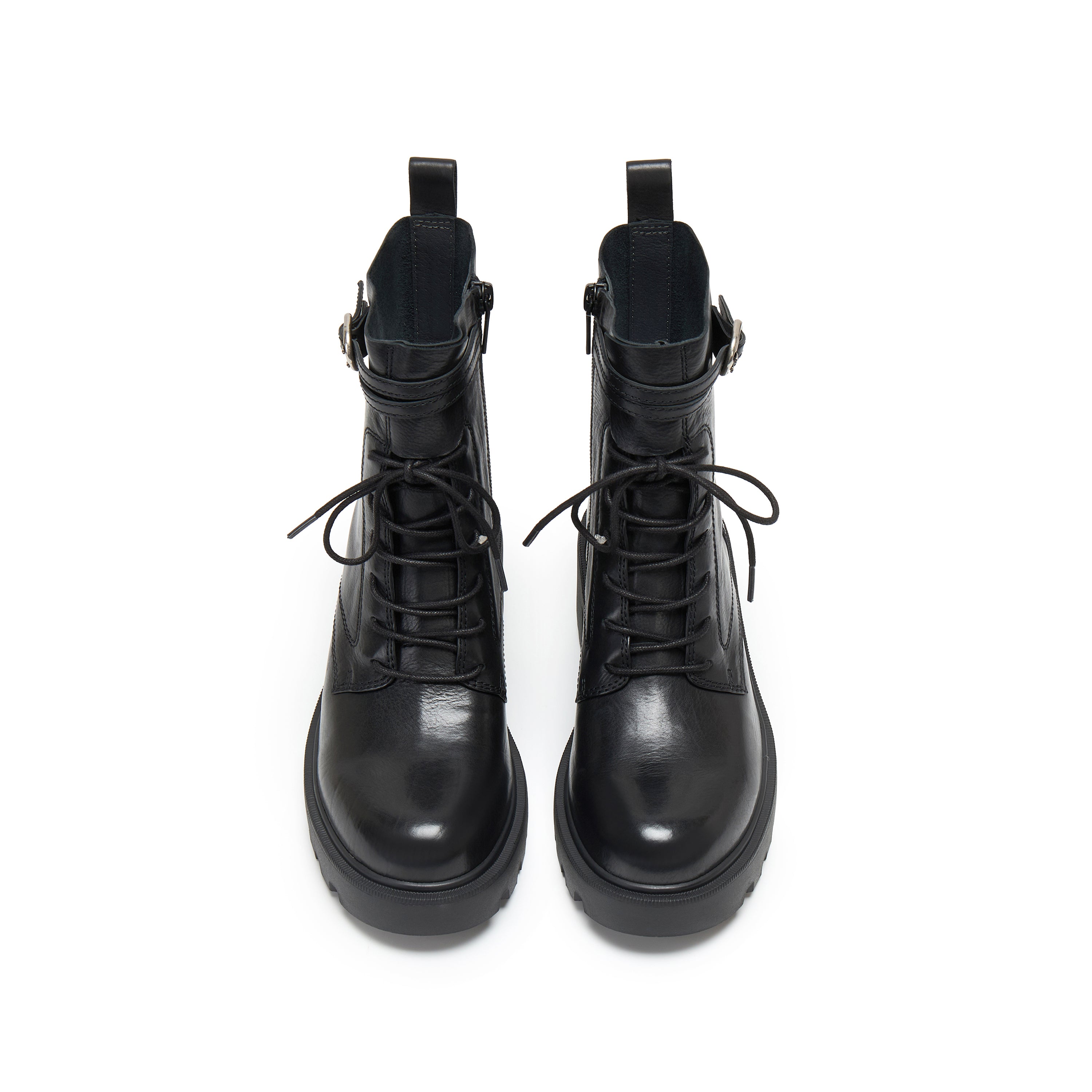 Black Leather Lace-Up Combat Boots with Top Buckle