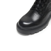 Black Leather Lace-Up Combat Boots with Top Buckle