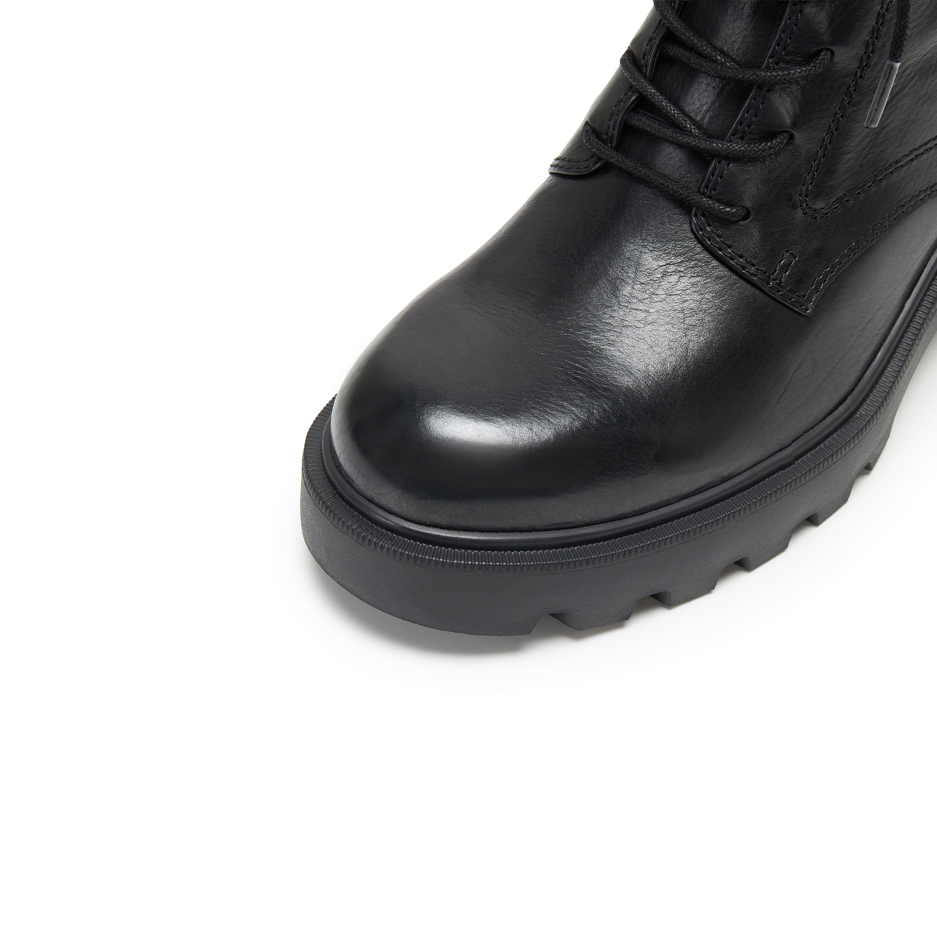 Black Leather Lace-Up Combat Boots with Top Buckle