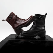 Black Leather Lace-Up Combat Boots with Top Buckle