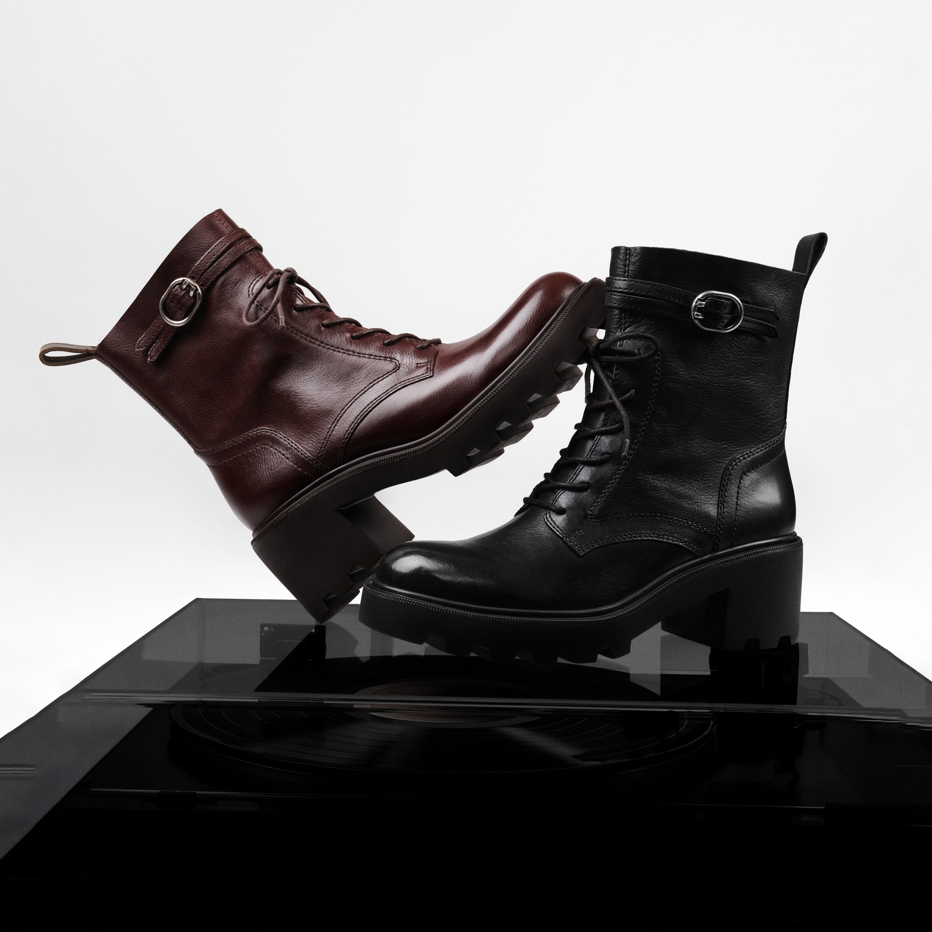 Black Leather Lace-Up Combat Boots with Top Buckle