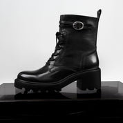 Black Leather Lace-Up Combat Boots with Top Buckle
