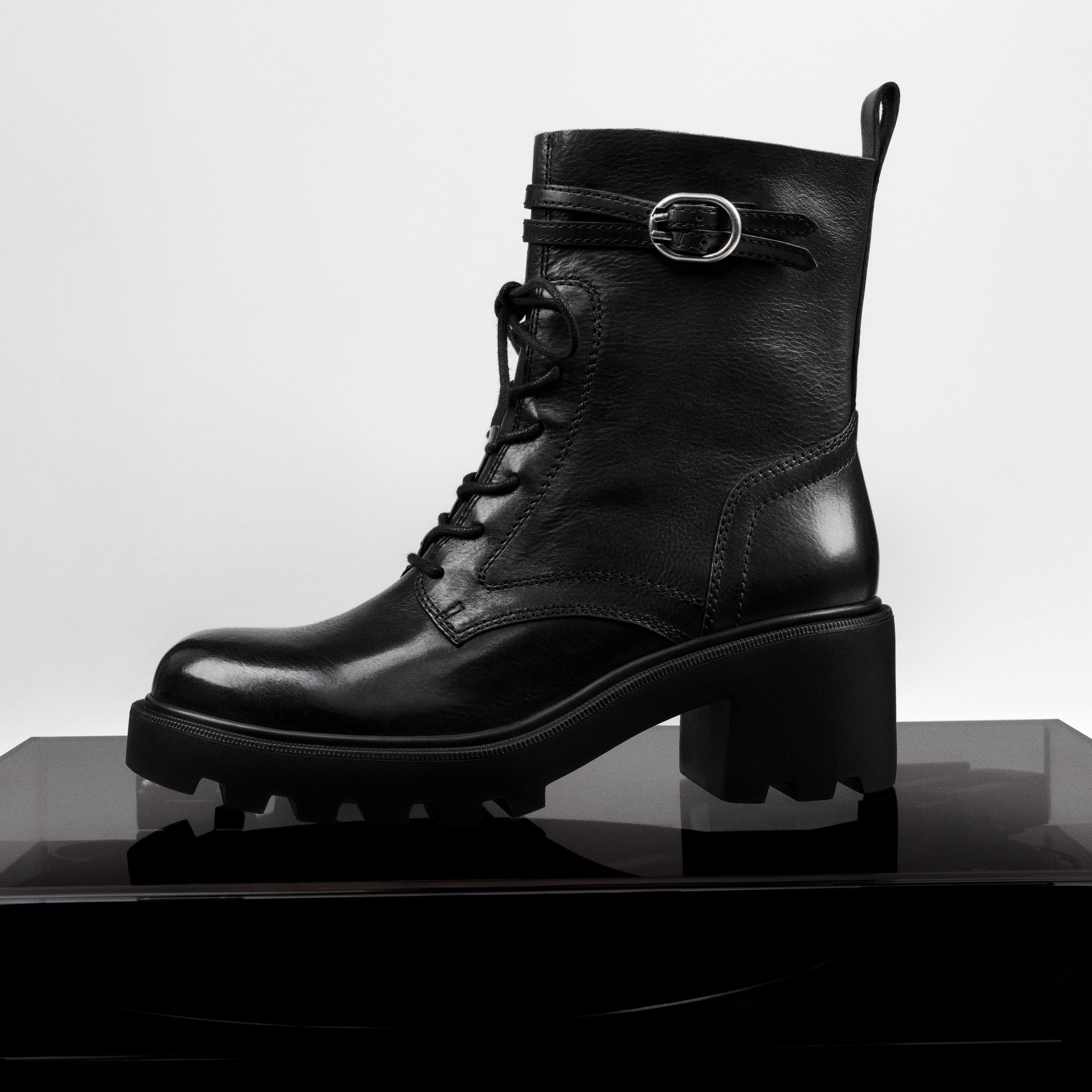 Black Leather Lace-Up Combat Boots with Top Buckle