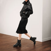 Black Leather Lace-Up Combat Boots with Top Buckle