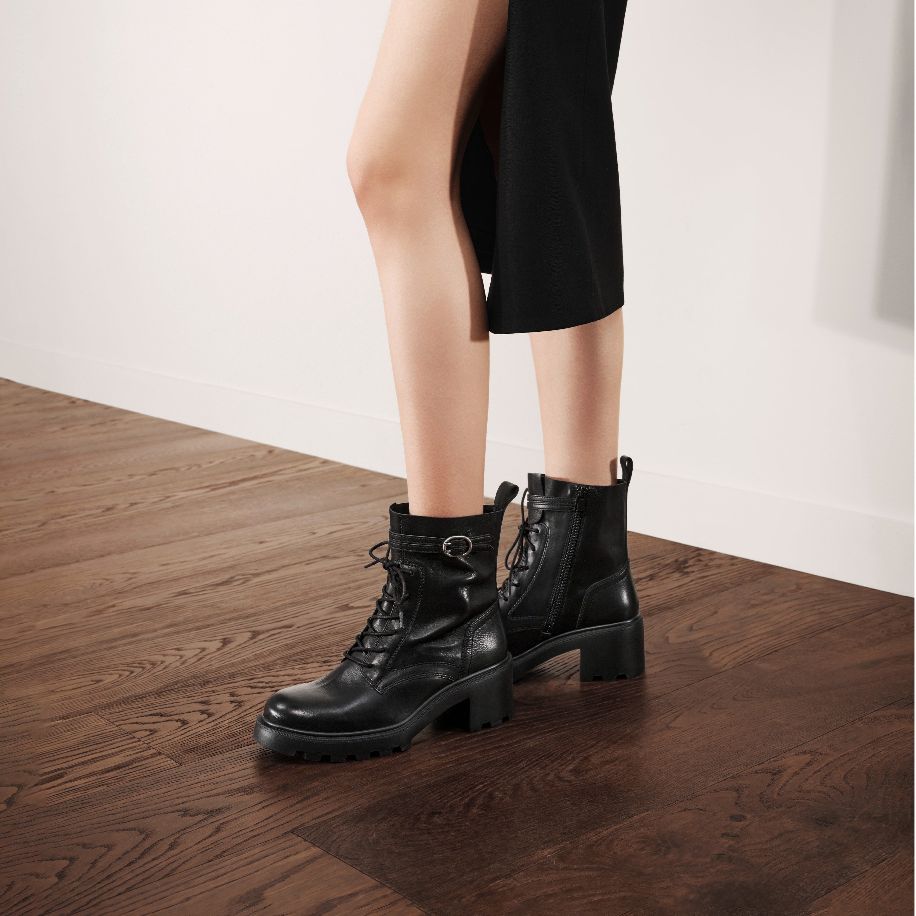 Black Leather Lace-Up Combat Boots with Top Buckle