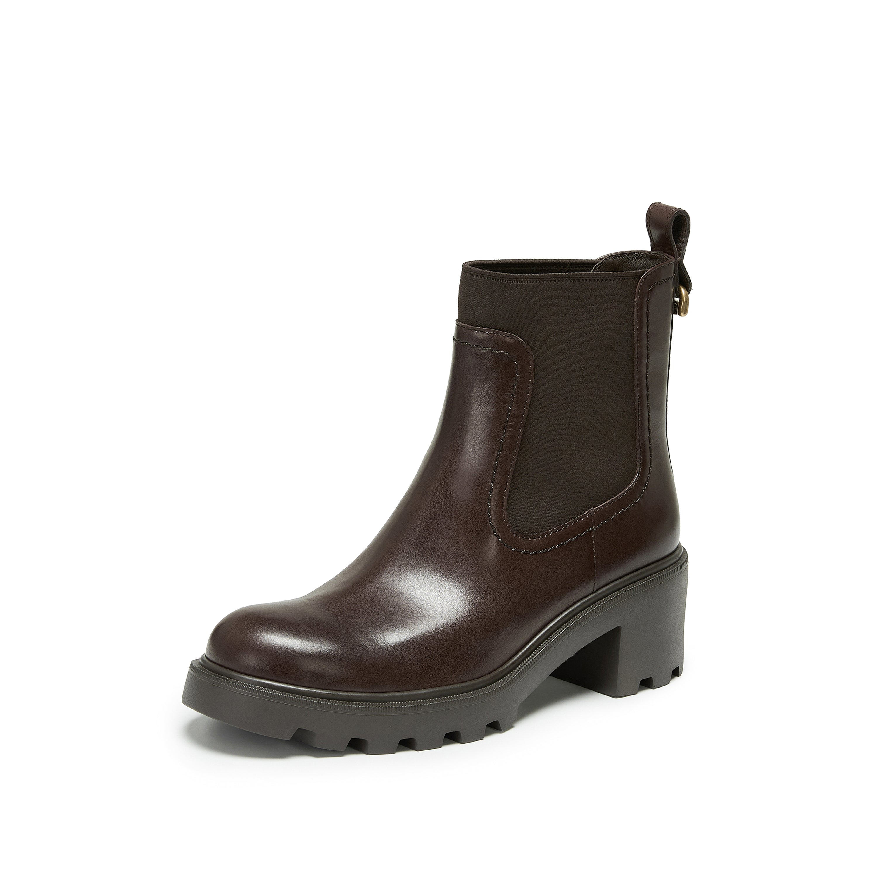 Brown Chunky Block-Heel Chelsea Boots with Brass Hardware