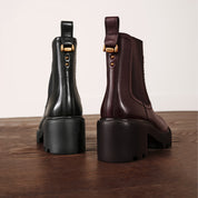 Brown Chunky Block-Heel Chelsea Boots with Brass Hardware