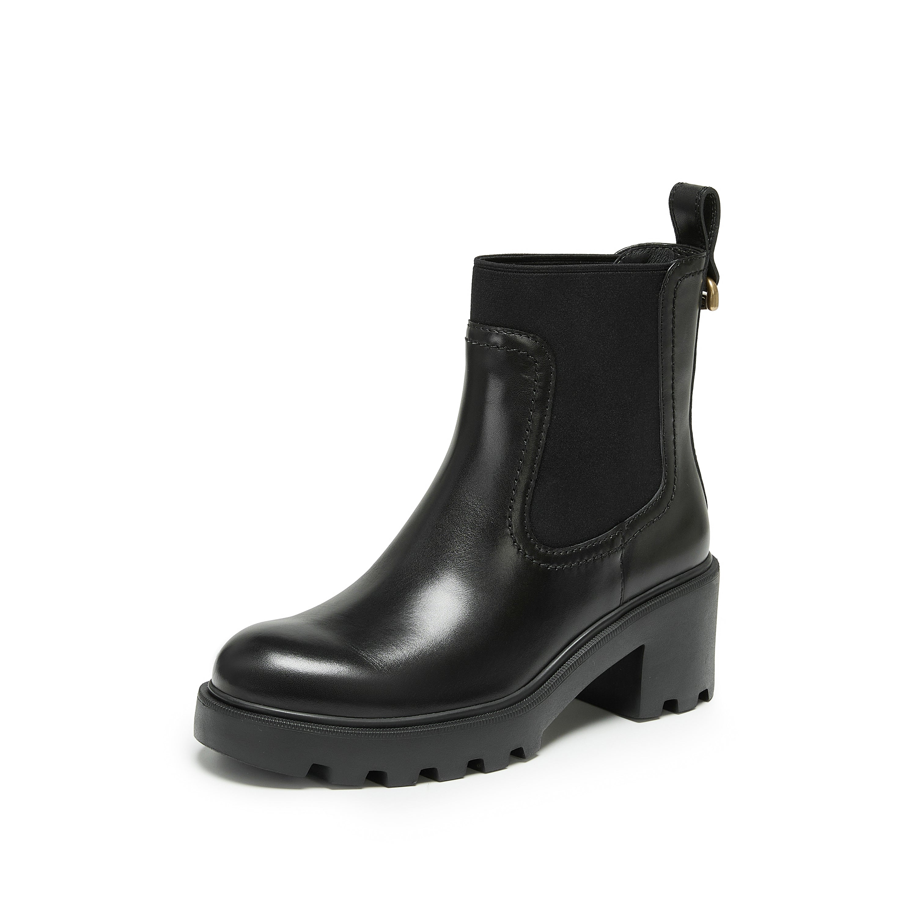 Black Chunky Block-Heel Chelsea Boots with Brass Hardware