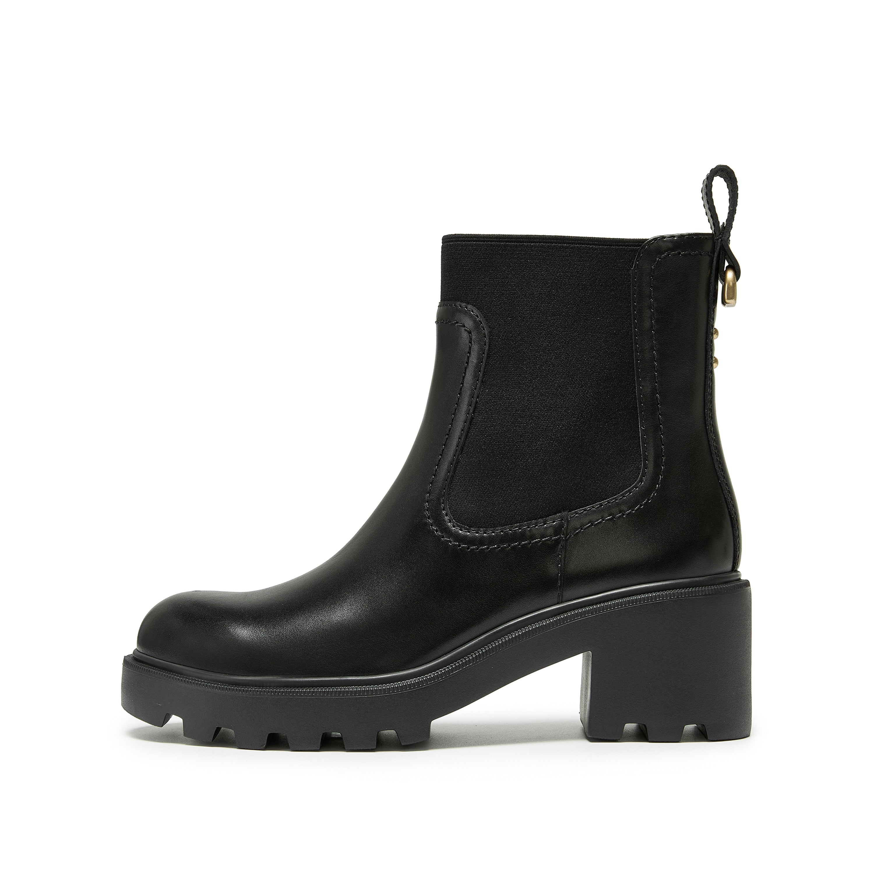 Black Chunky Block-Heel Chelsea Boots with Brass Hardware