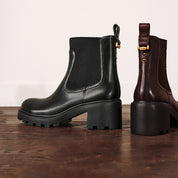 Black Chunky Block-Heel Chelsea Boots with Brass Hardware