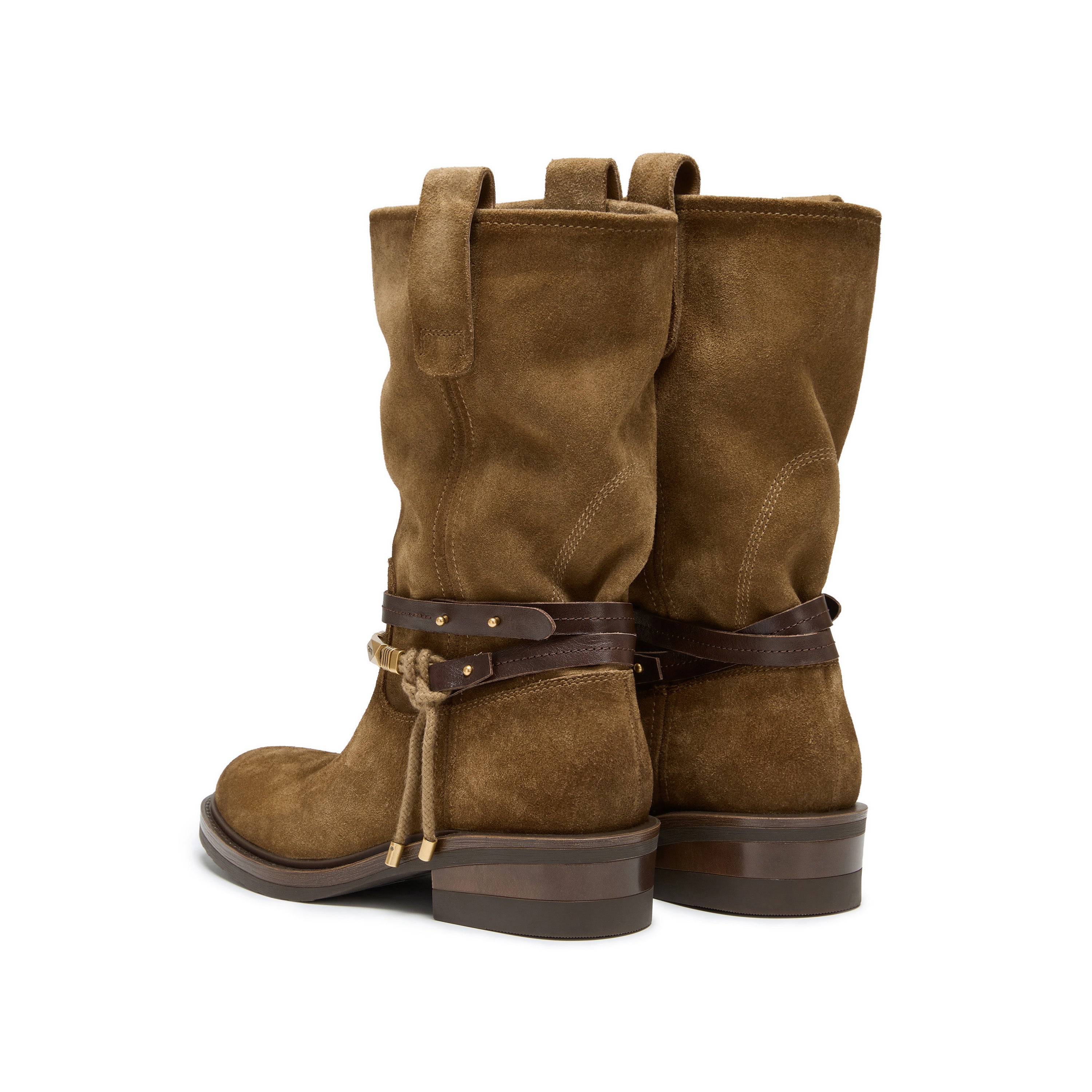 Taupe Suede Belted Metal Tag Mid-Calf Boots