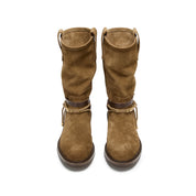 Taupe Suede Belted Metal Tag Mid-Calf Boots