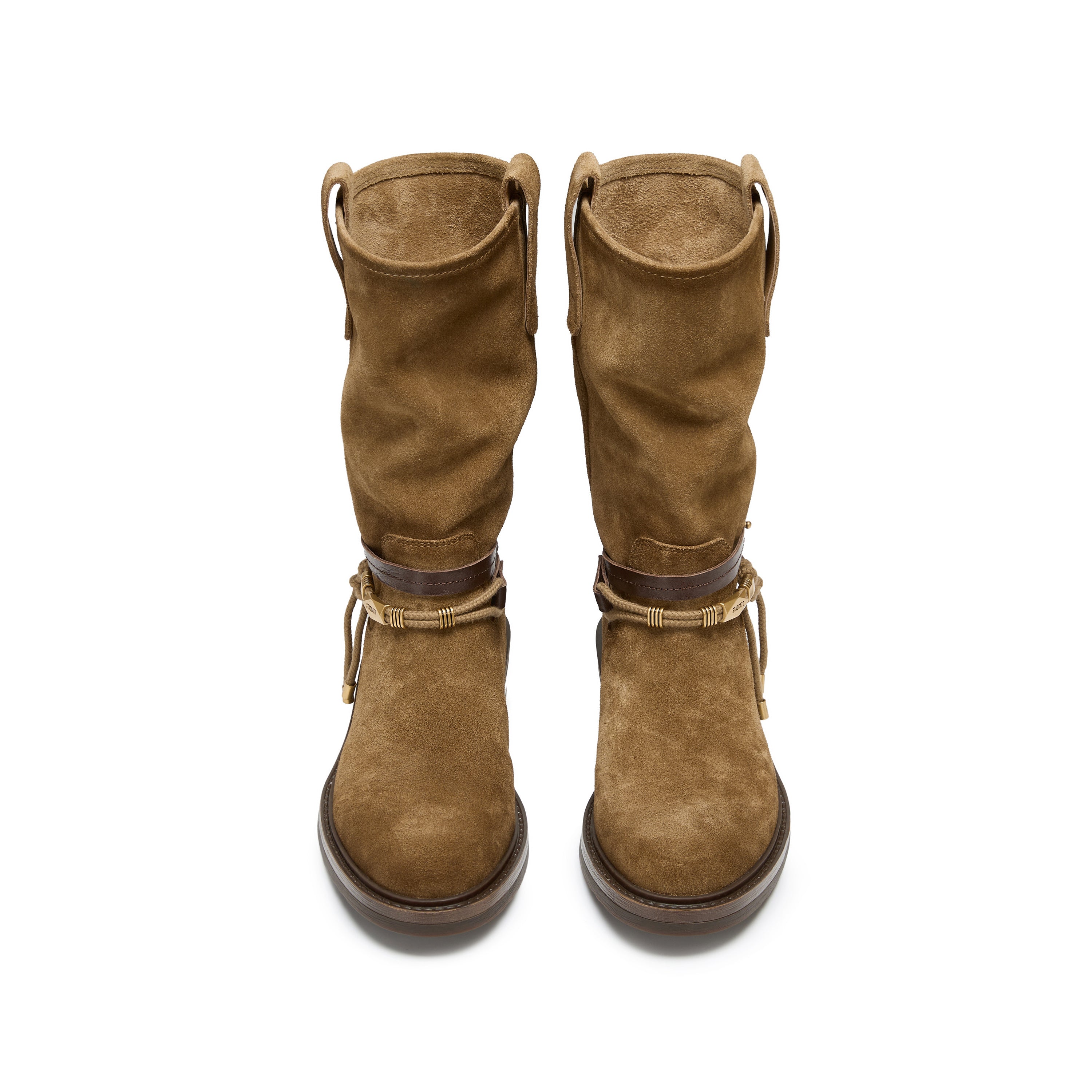 Taupe Suede Belted Metal Tag Mid-Calf Boots