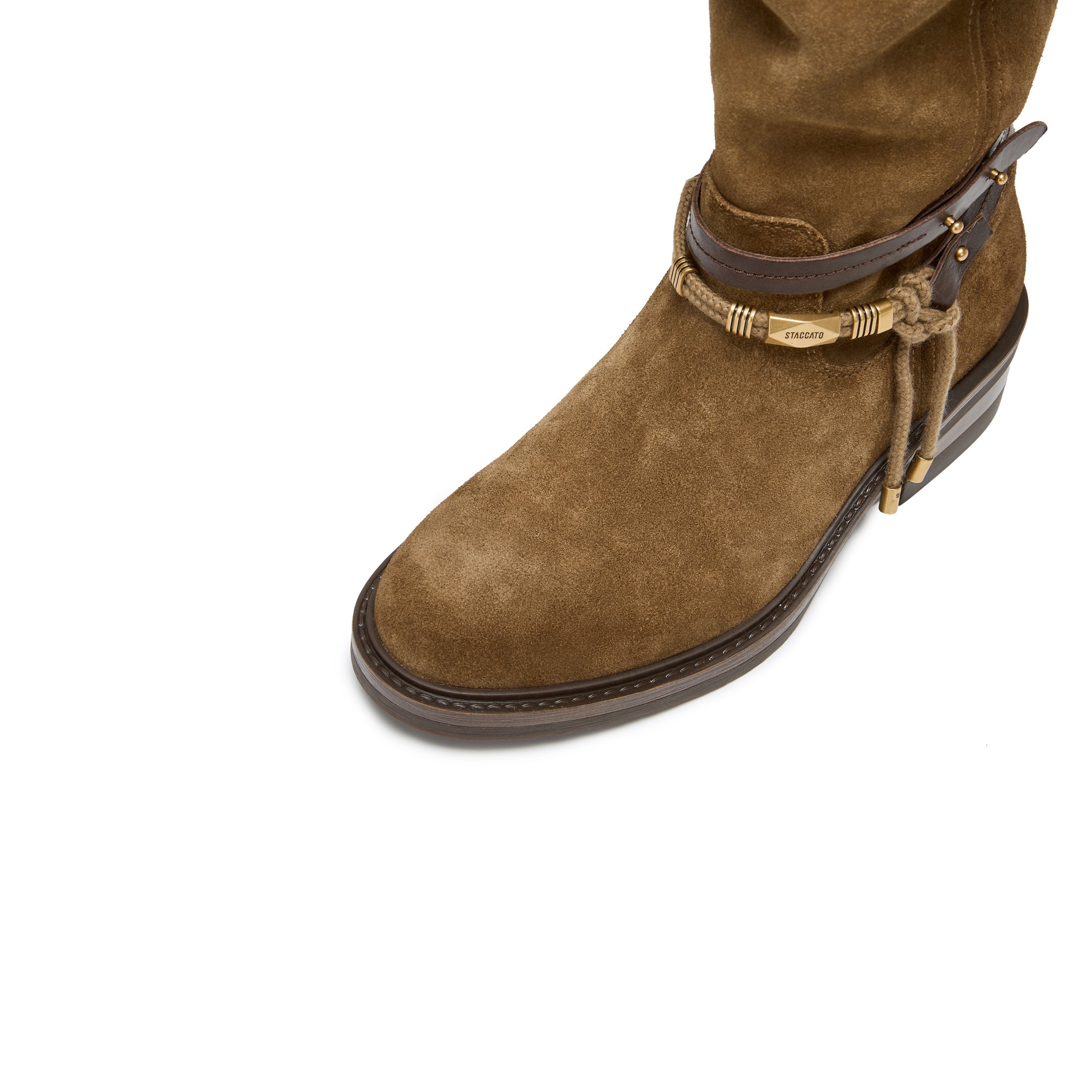 Taupe Suede Belted Metal Tag Mid-Calf Boots