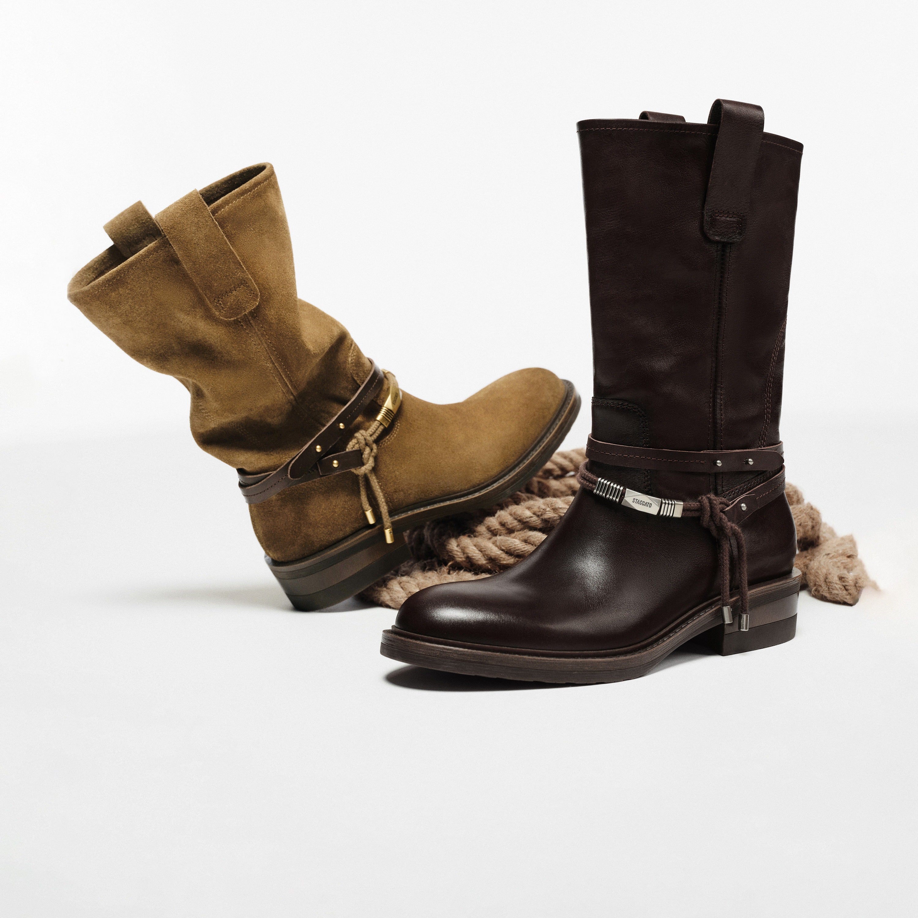 Taupe Suede Belted Metal Tag Mid-Calf Boots
