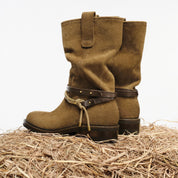 Taupe Suede Belted Metal Tag Mid-Calf Boots