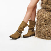 Taupe Suede Belted Metal Tag Mid-Calf Boots