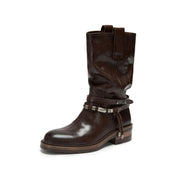 Brown Leather Belted Metal Tag Mid-Calf Boots