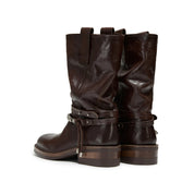 Brown Leather Belted Metal Tag Mid-Calf Boots