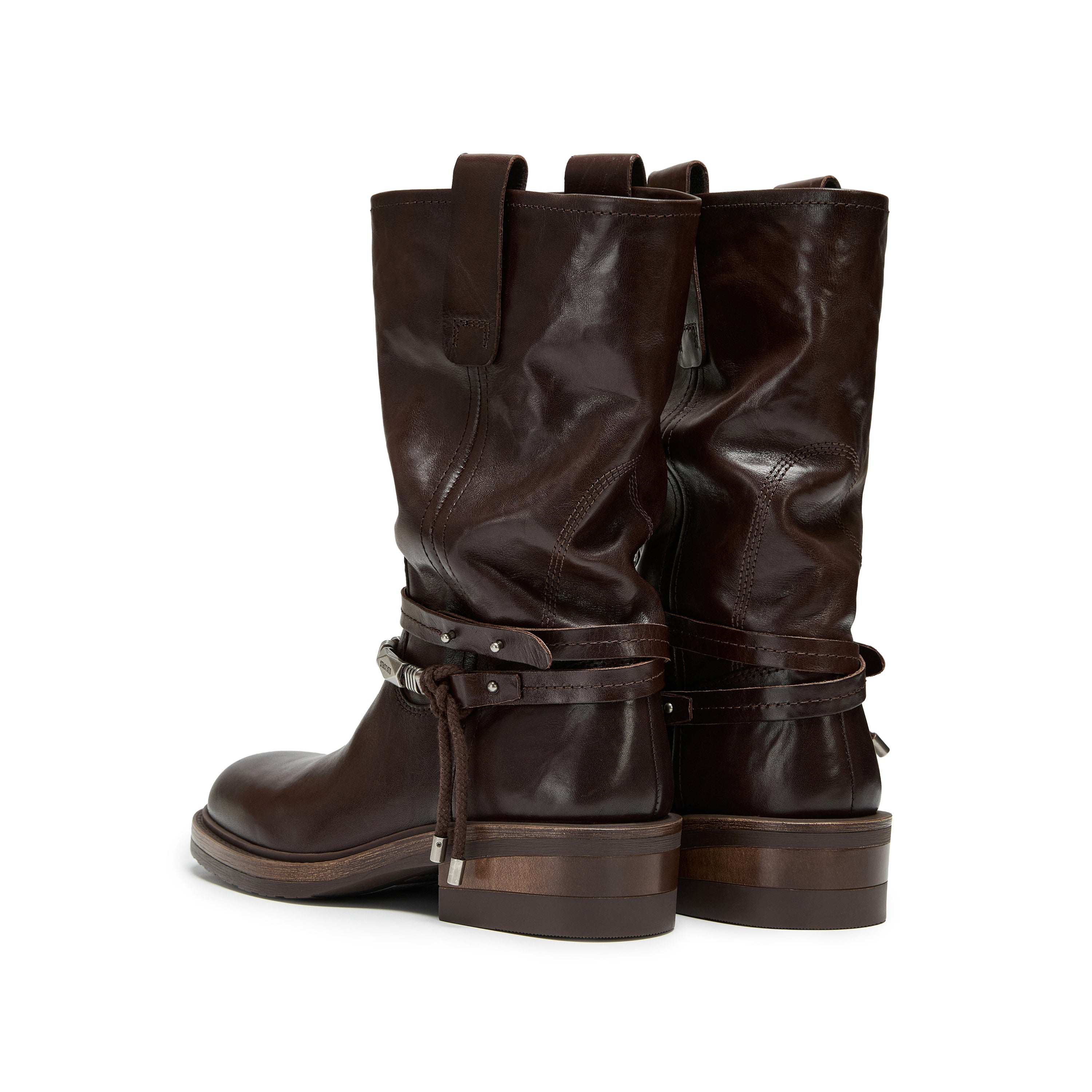 Brown Leather Belted Metal Tag Mid-Calf Boots