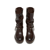 Brown Leather Belted Metal Tag Mid-Calf Boots