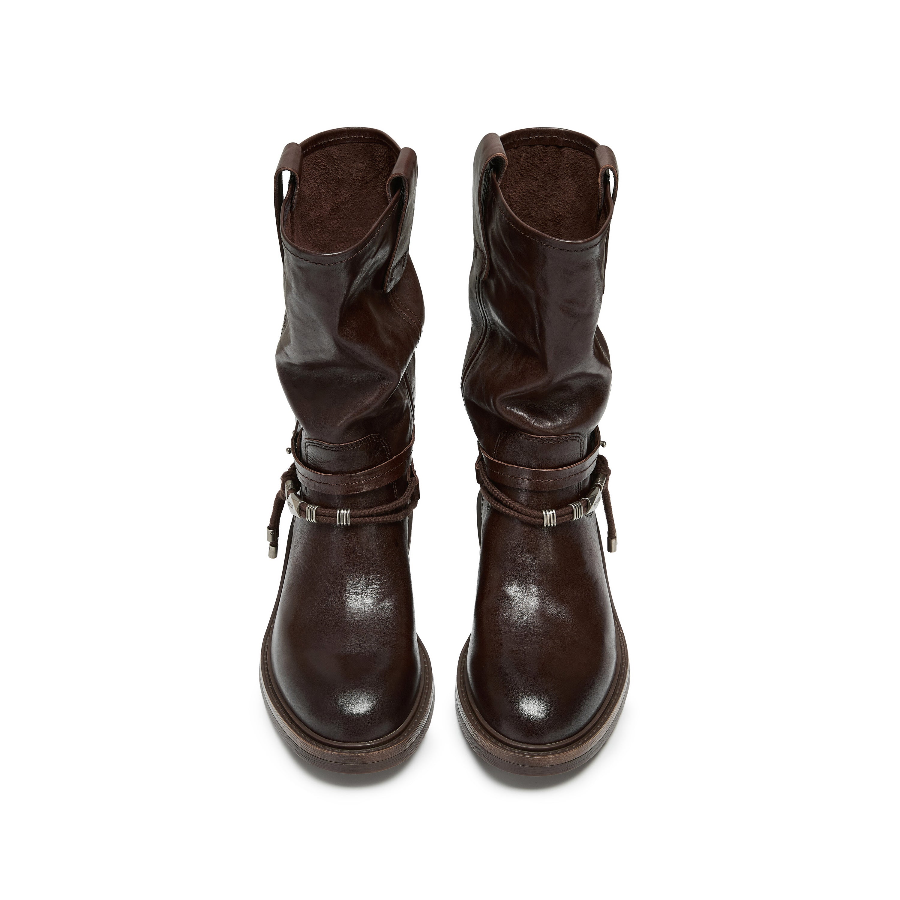 Brown Leather Belted Metal Tag Mid-Calf Boots