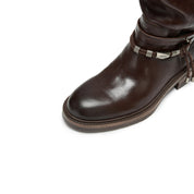 Brown Leather Belted Metal Tag Mid-Calf Boots