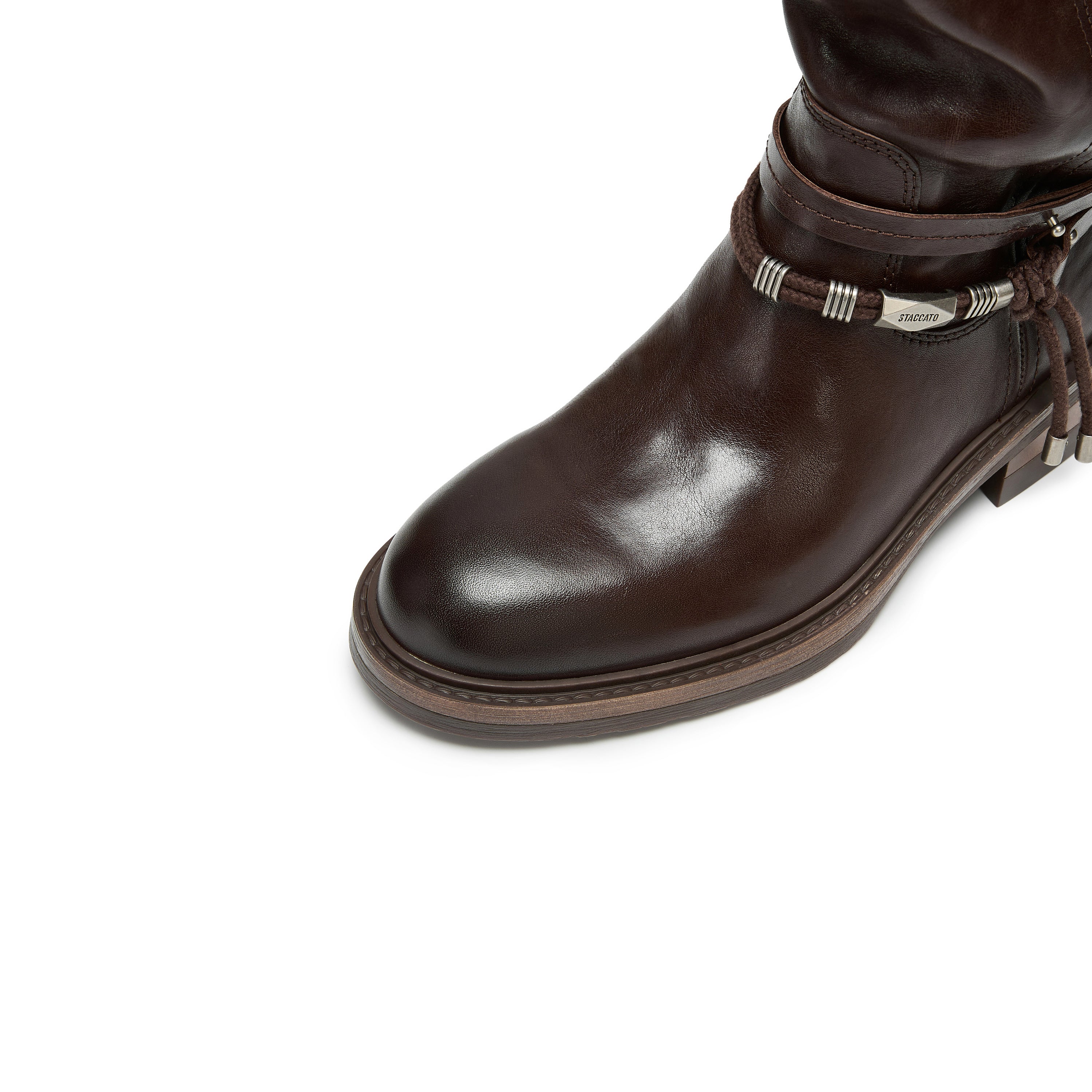 Brown Leather Belted Metal Tag Mid-Calf Boots