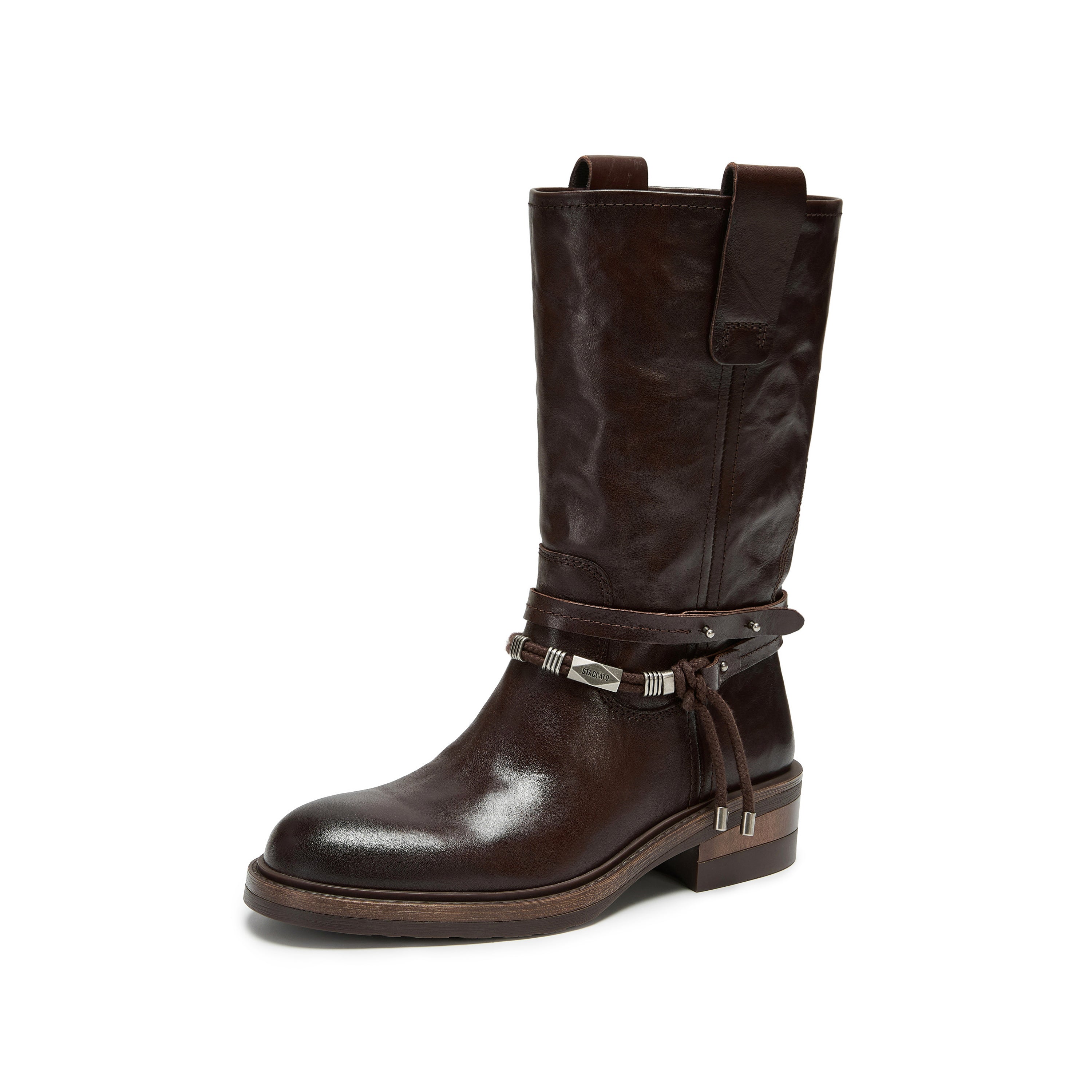Brown Leather Belted Metal Tag Mid-Calf Boots