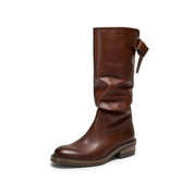 Waxed Calf Buckle Low Block Heel Knee-High Boots