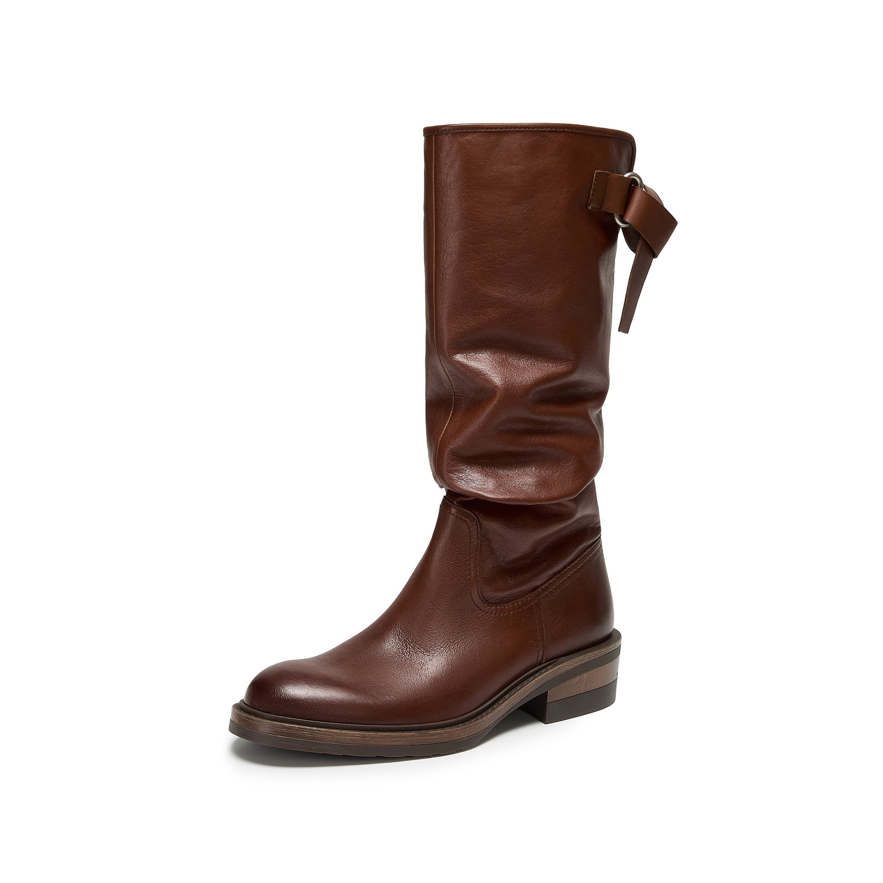 Waxed Calf Buckle Low Block Heel Knee-High Boots