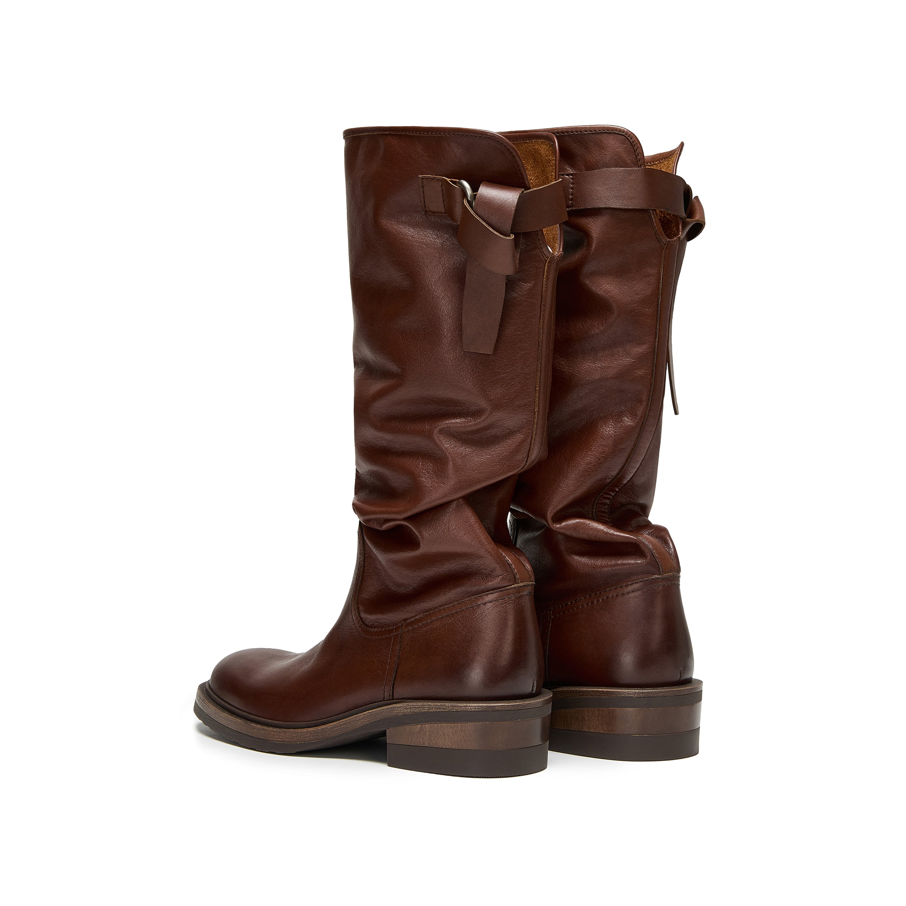Waxed Calf Buckle Low Block Heel Knee-High Boots