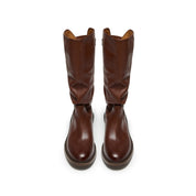 Waxed Calf Buckle Low Block Heel Knee-High Boots