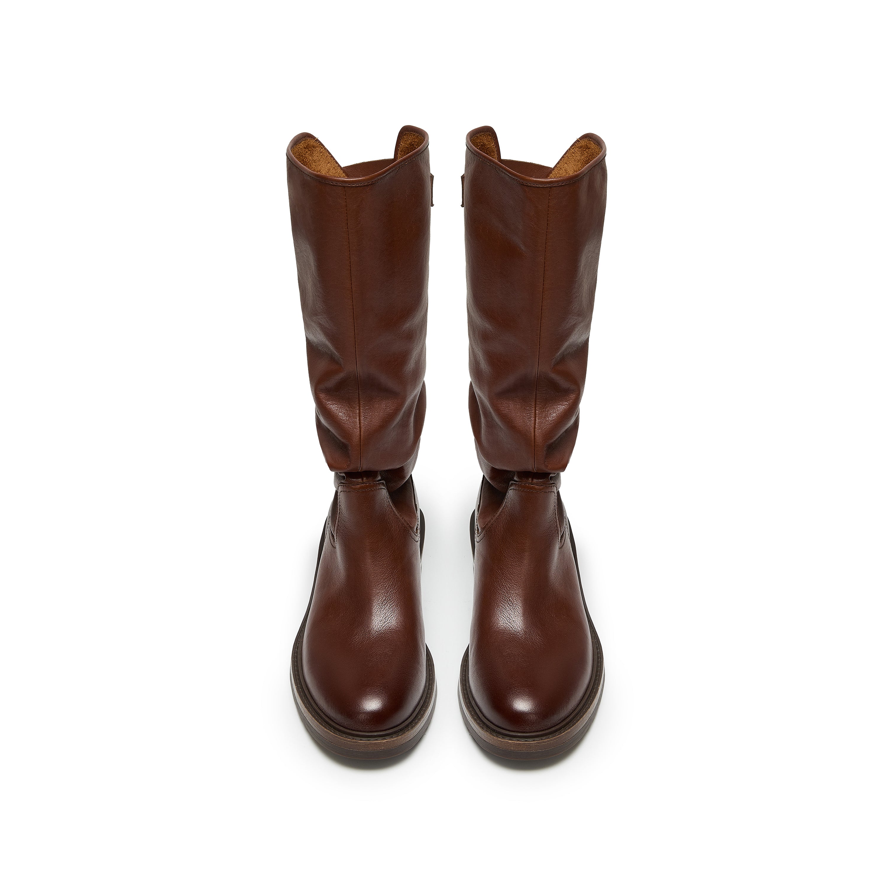 Waxed Calf Buckle Low Block Heel Knee-High Boots