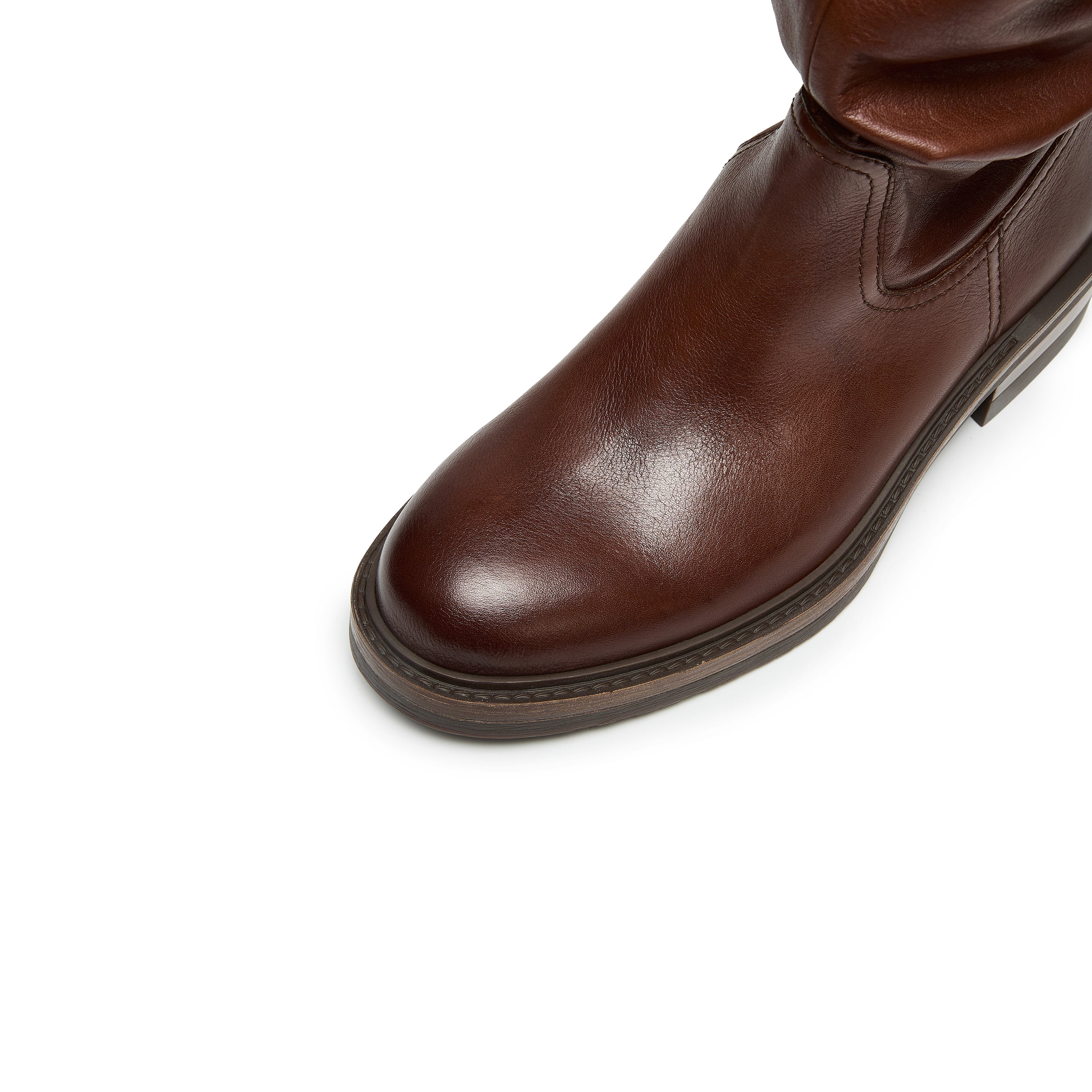 Waxed Calf Buckle Low Block Heel Knee-High Boots