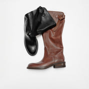 Waxed Calf Buckle Low Block Heel Knee-High Boots