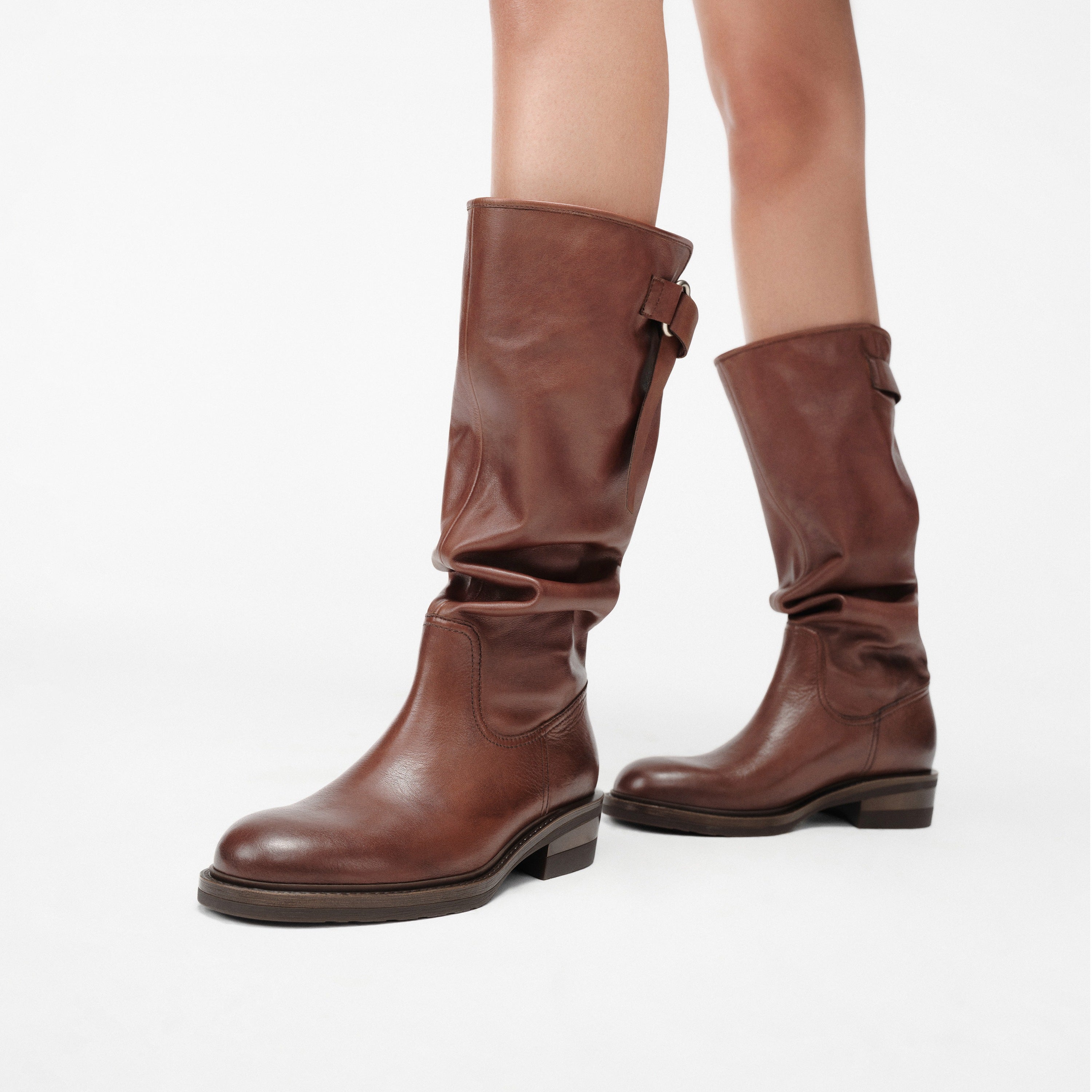 Waxed Calf Buckle Low Block Heel Knee-High Boots