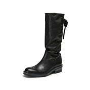 Waxed Calf Buckle Low Block Heel Knee-High Boots