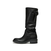 Waxed Calf Buckle Low Block Heel Knee-High Boots
