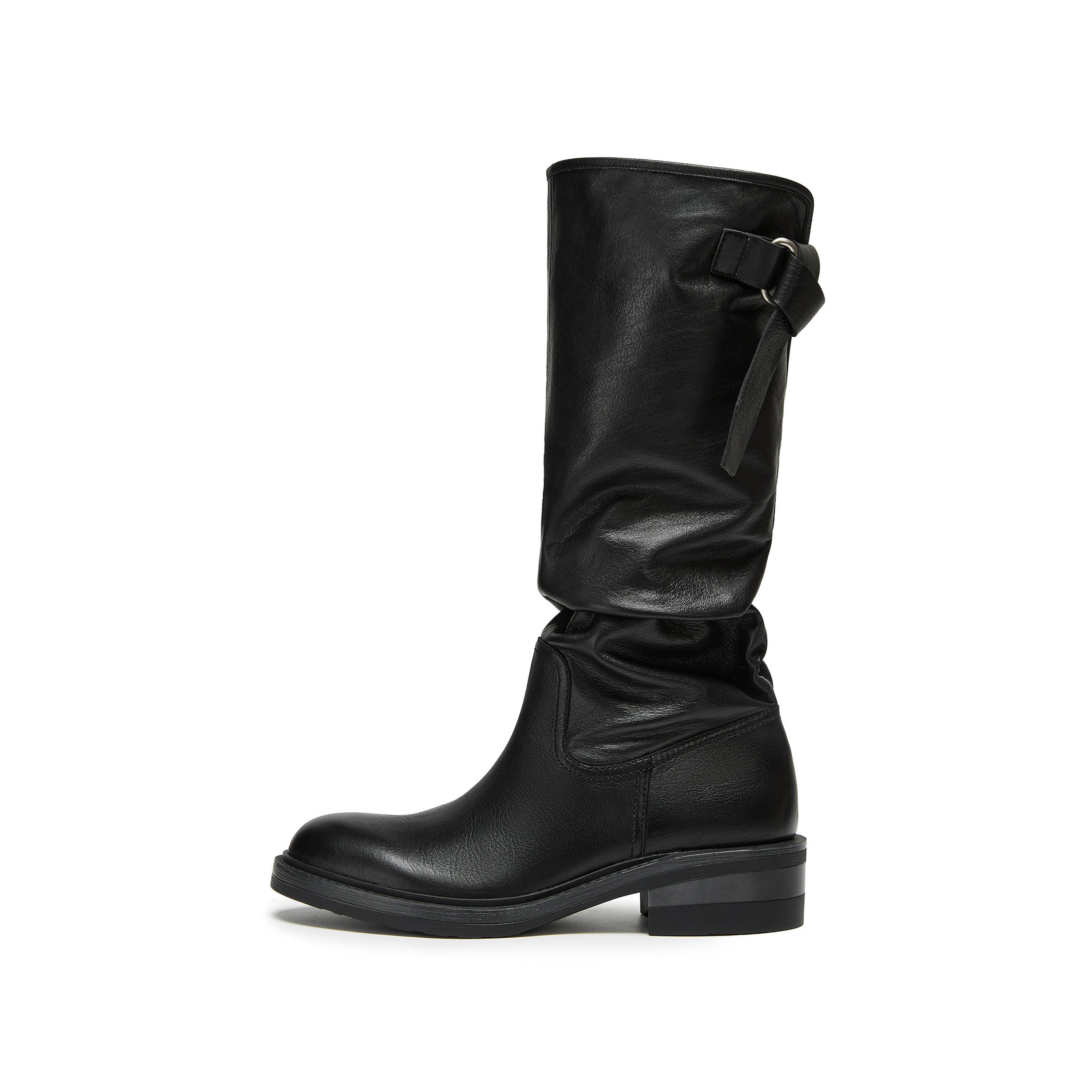 Waxed Calf Buckle Low Block Heel Knee-High Boots