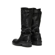 Waxed Calf Buckle Low Block Heel Knee-High Boots