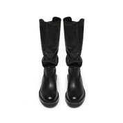 Waxed Calf Buckle Low Block Heel Knee-High Boots