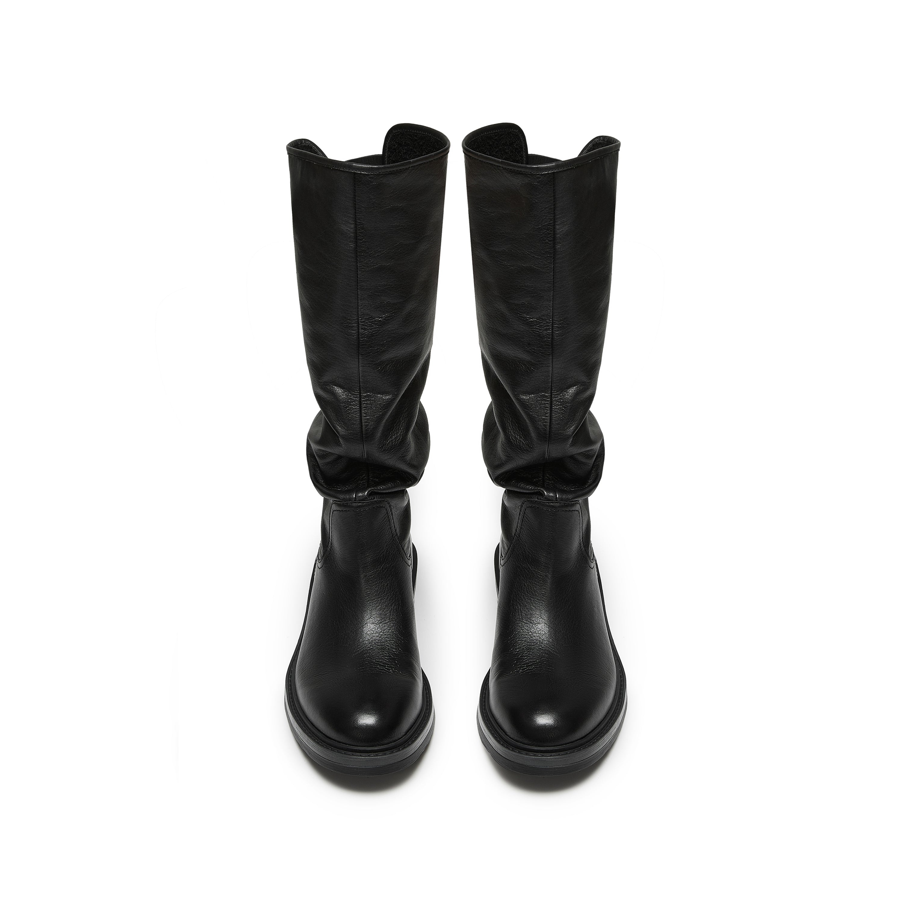 Waxed Calf Buckle Low Block Heel Knee-High Boots