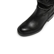 Waxed Calf Buckle Low Block Heel Knee-High Boots