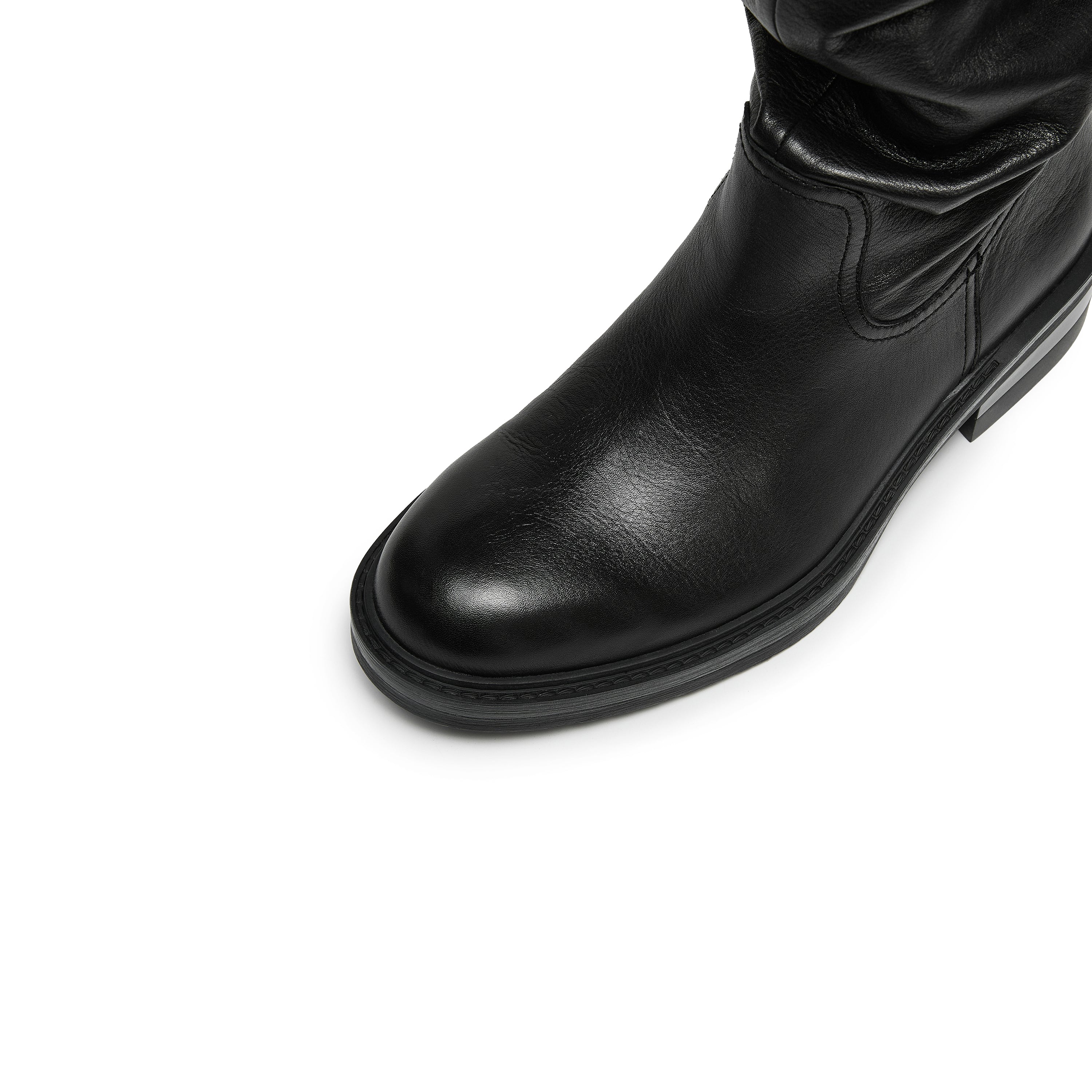 Waxed Calf Buckle Low Block Heel Knee-High Boots