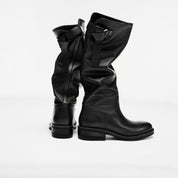 Waxed Calf Buckle Low Block Heel Knee-High Boots