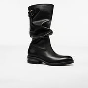Waxed Calf Buckle Low Block Heel Knee-High Boots