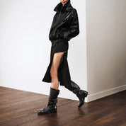 Waxed Calf Buckle Low Block Heel Knee-High Boots