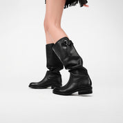 Waxed Calf Buckle Low Block Heel Knee-High Boots