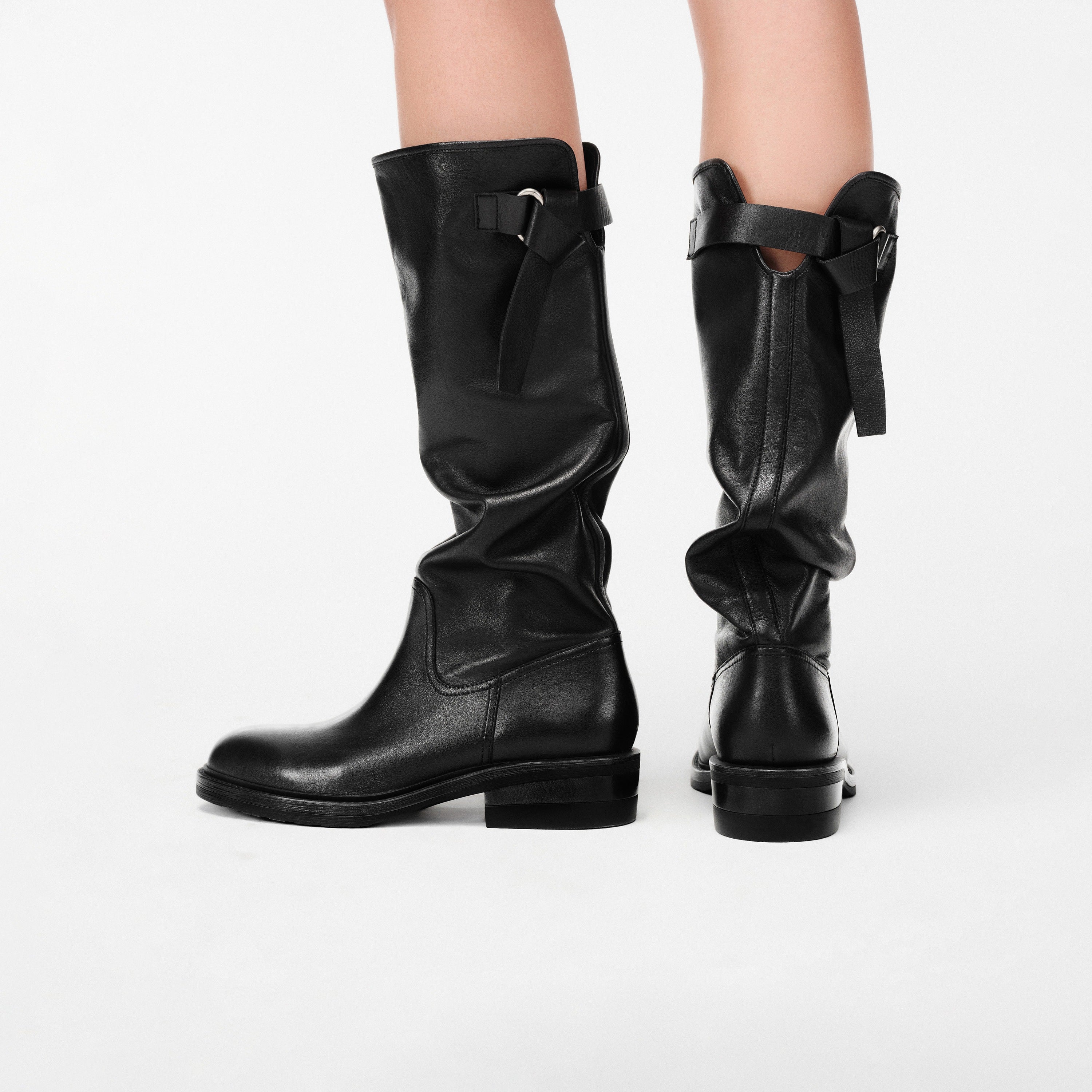 Waxed Calf Buckle Low Block Heel Knee-High Boots